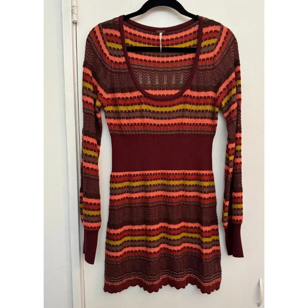 Free People Stripe Knit Wool Blend Sweater Dress in Burgundy Size Medium